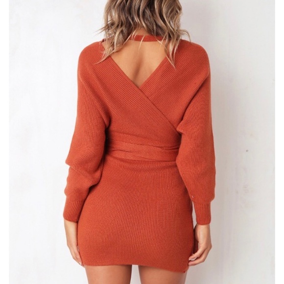 V Neck Wrap Knit Long Sleeve Casual Sweater Dress - Picture 5 of 7